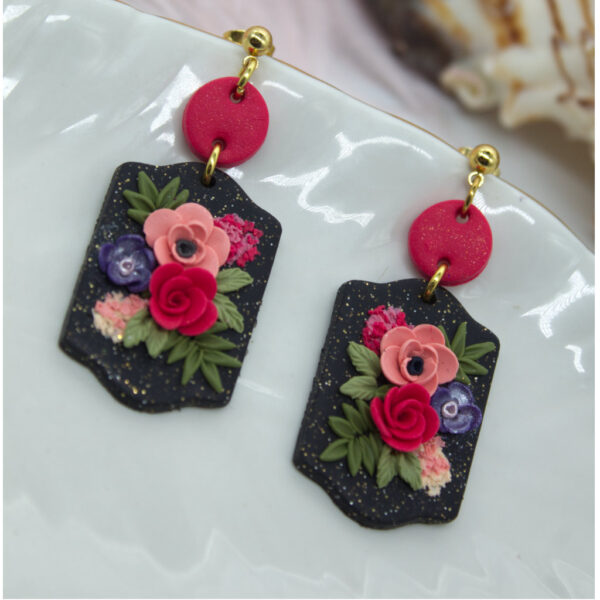 Polymer clay earrings floral style with pink and red roses