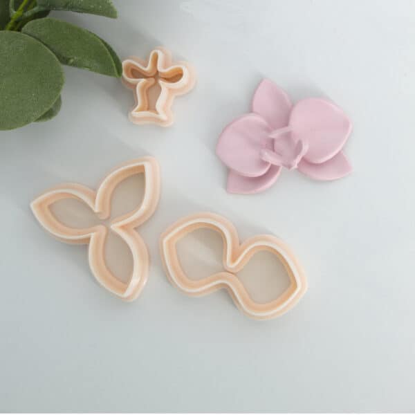 Orchid polymer clay cutter set with three precision-shaped pieces for creating beautiful orchid-inspired polymer clay earrings effortlessly.