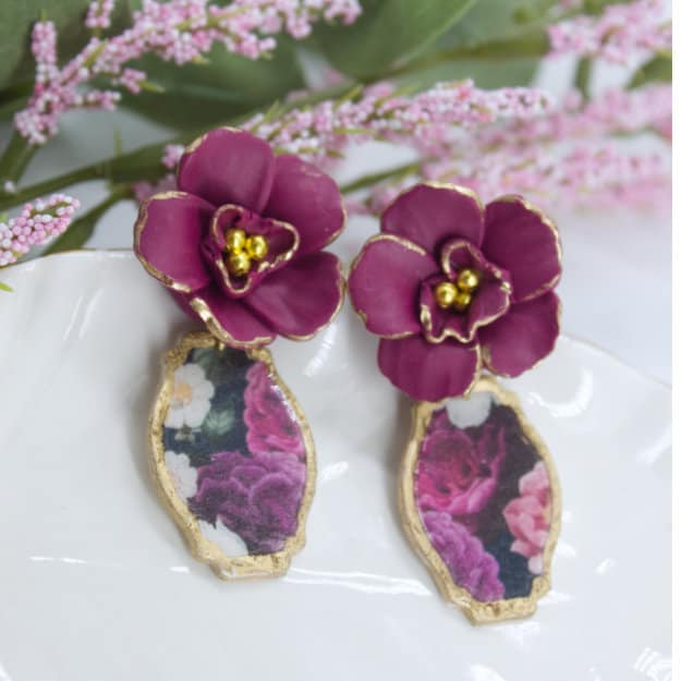 polymer clay earrings vintage purple flower