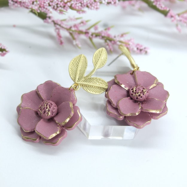 polymer clay earrings pink flowers