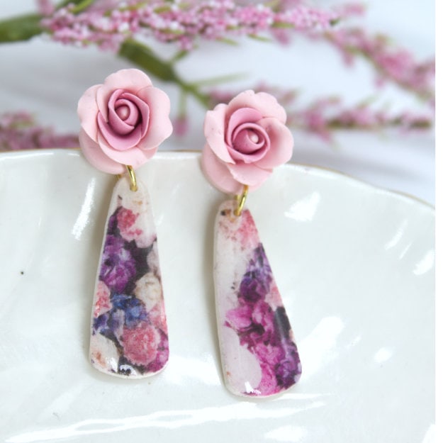 polymer clay earrings pink flower with resin