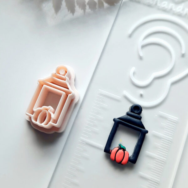 Polymer clay cutter styled like a lantern pumpkin, ideal for fall and Halloween themed crafts