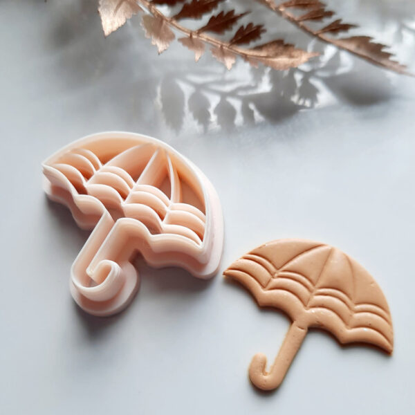 Close-up view of an umbrella clay cutter designed for crafting polymer clay earrings.