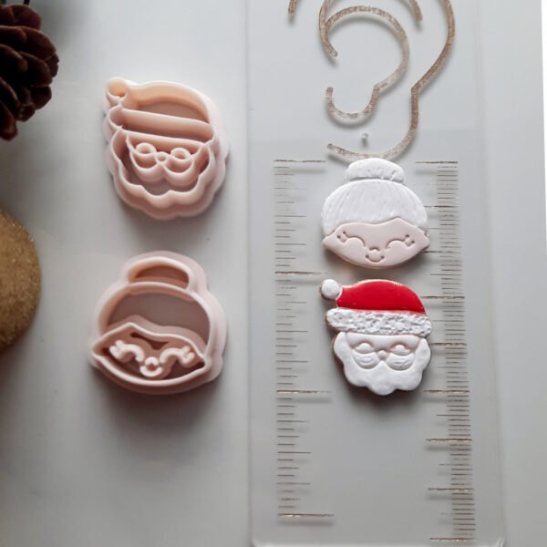 Create charming Christmas earrings with this Santa and Mrs. Claus polymer clay cutter set.