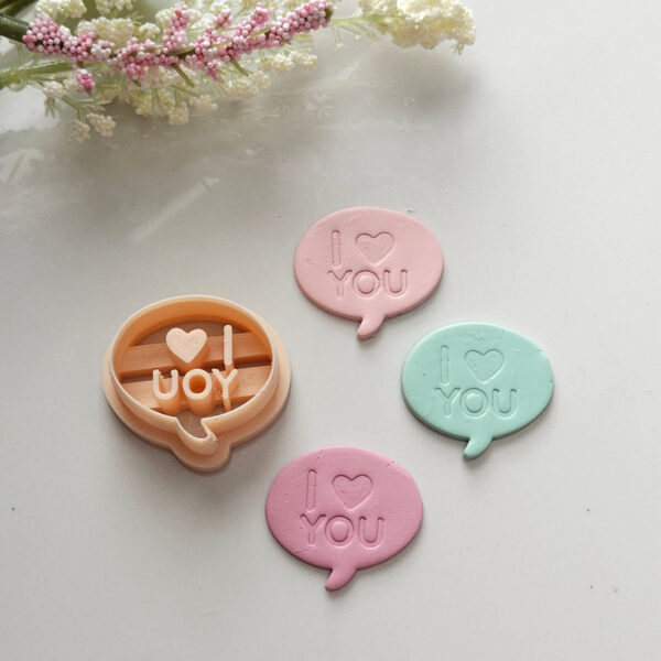 Polymer clay cutter featuring 'I Love You' in bubble letters, a must-have tool for making Valentine's Day earrings.