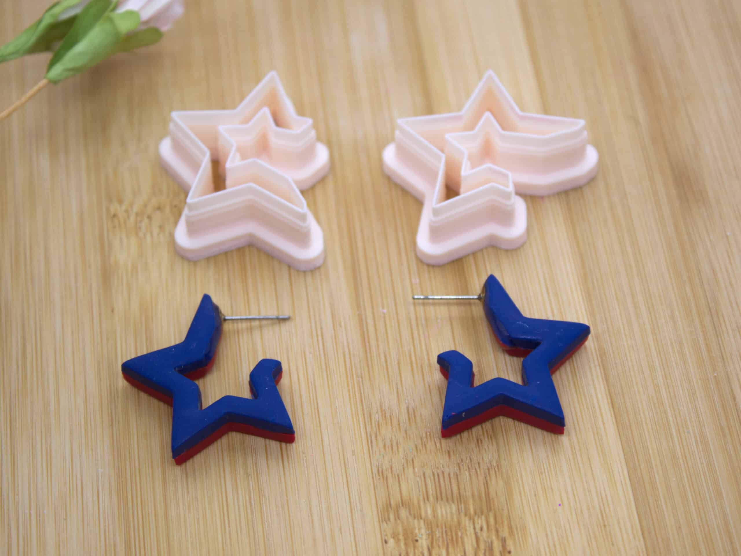 A set of 3D printed 4th of July polymer clay cutters in star designs, perfect for creating festive and patriotic handmade earrings.